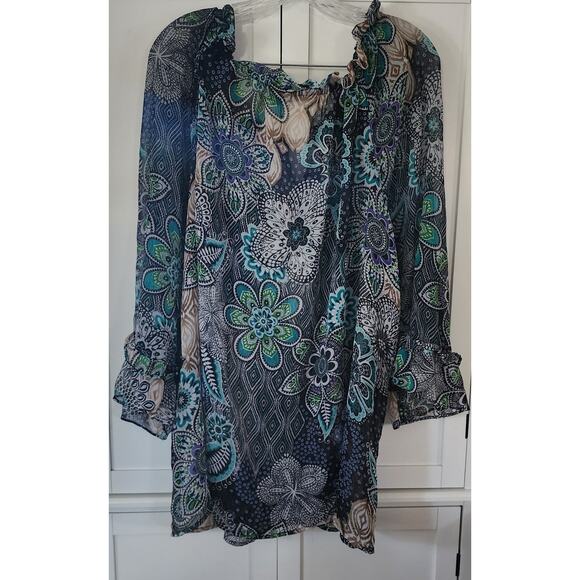 Maggie Barnes Women's Floral Metallic Wide Elastic Neck Sheer Flowy Plus 3X - Picture 2 of 5